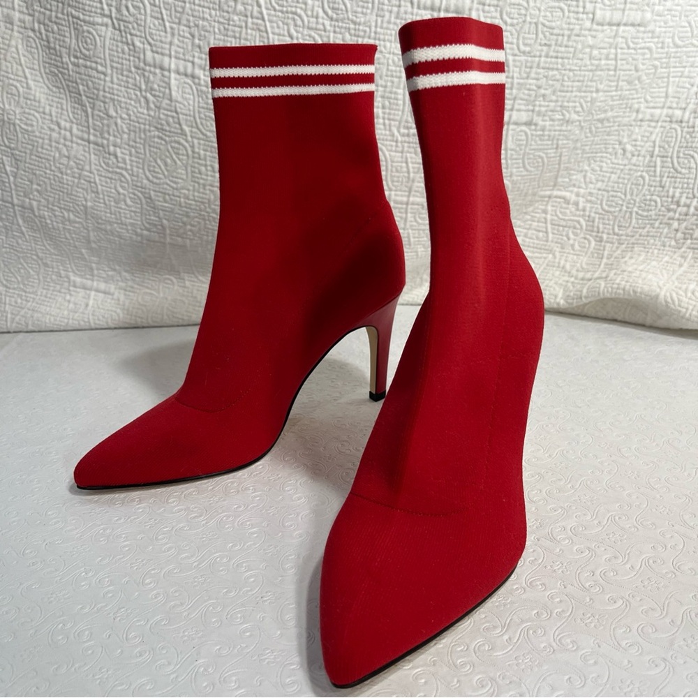Leith Womens 9 Red White Stripe Fabric High Heel Sock Boots Pointy Toe Stilettos
